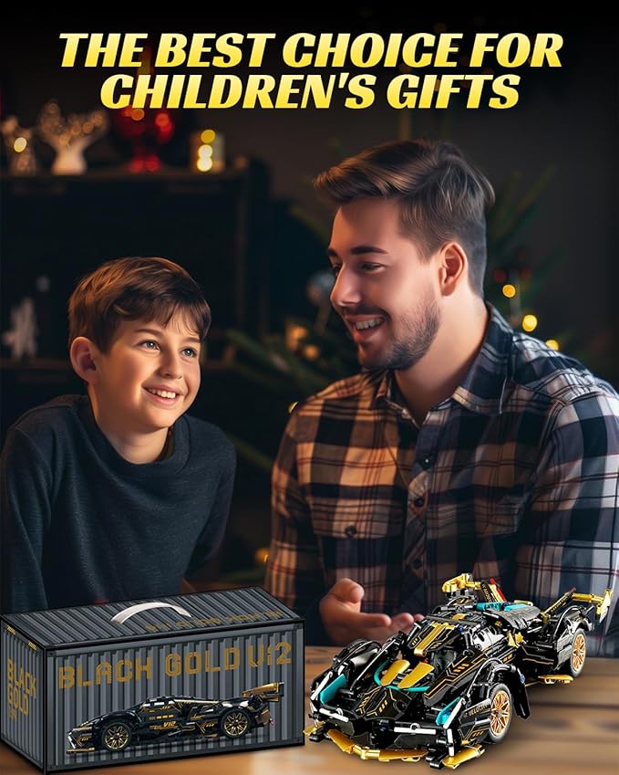 1:14 V12 Technic Super Sports Cars Model Sets - 1314 PCS Black Gold MOC Building Block Car Raceing Engineering Toys - Gift Idea for Adults Boys Girls for Play and Display Collection
