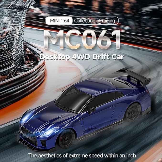 1/64 Scale Drift RC Car - 2.4GHz Half-Scale Remote Control 4WD High-Speed Mini Remote Control Car with Racing Lights (Blue)