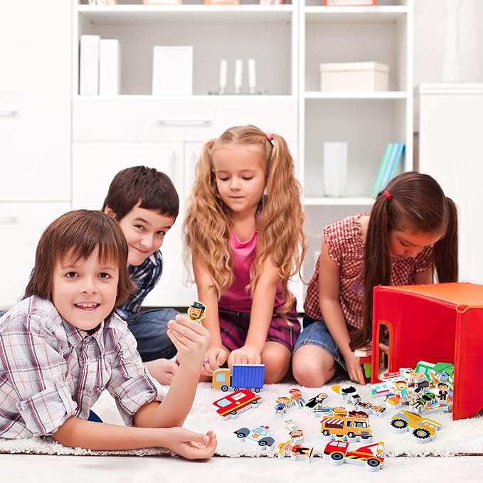 50 Pcs Wooden Community Helpers Play Set Community Includes Little Wooden People Buildings Cars Multicultural Figurines Toy Preschool Little Professionals Block Character(Stylish)