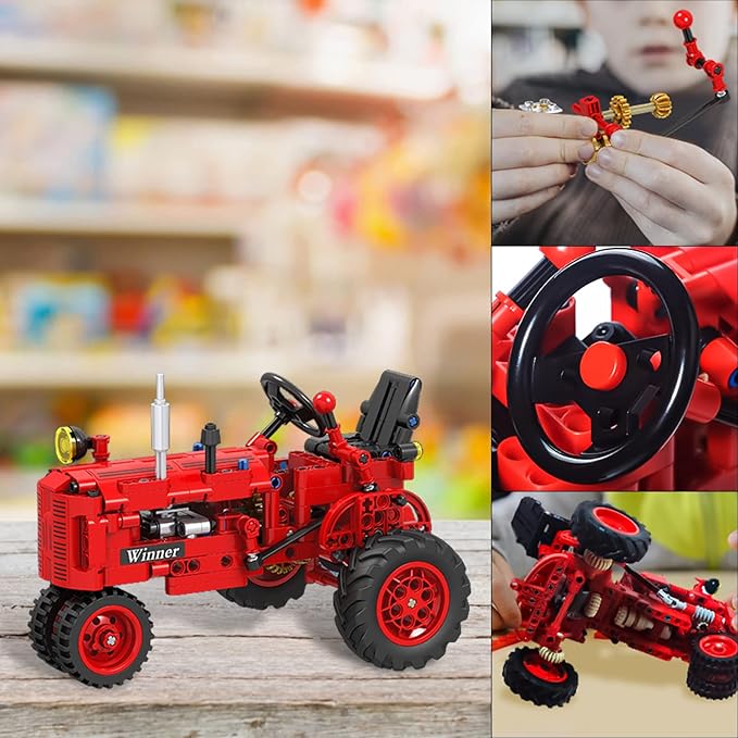 Classic Building Blocks 1/12 Red Tractor Farm Toy Building Set Gift for Kids Ages 6 7 8 9 10 11 12 Includes Shifting Structure Steering Structure Features (Classic Edition)