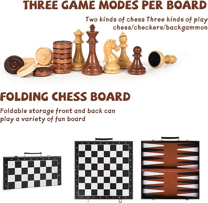 3 in 1 Magnetic Chess Set &amp Checkers Backgammon Board Game Set 15 Wooden Folding Chess Board Tournament Portable Travel Chess Set Beginner Chess Board Game for Adults &amp Kids