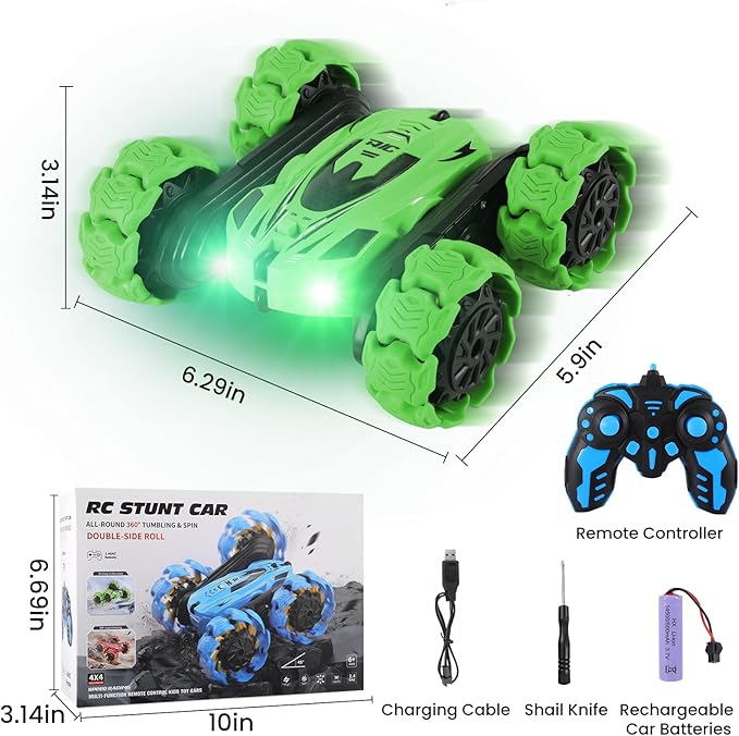 RC Stunt Car 360° Flips &amp Double-Sided Remote Control Truck with LED Lights 2.4GHz High Speed All Terrain Off-Road Toy Car Gift for Boys Girls Kids Ages 6-12 (Green)