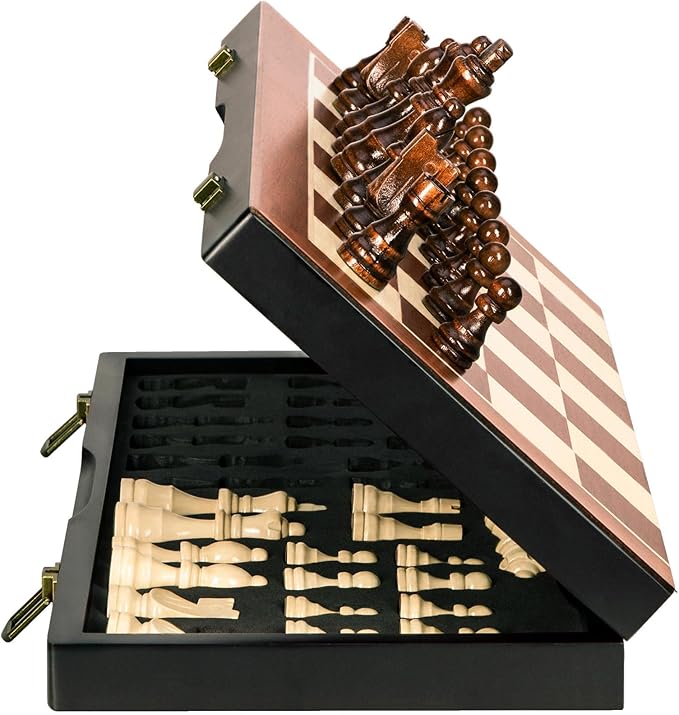 Chess Magnetic Wooden Chess Set 15 Unique Chess Board Game with Chess Pieces Storage Slots Tournament Portable Folding Travel Chess Sets for Kids Adults Beginner and Pros 2 Extra Queens