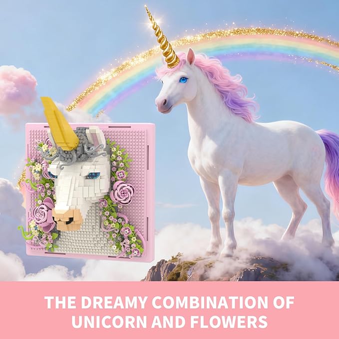 Pink Flowers Unicorn Animal 3D Wall Art Micro Mini Building Blocks Set Unique Home Wall Decor or Table Display No Compatible with Lego Ideal Gift Toy for Adults &amp Boys Girls 14+ (1349 PCS)