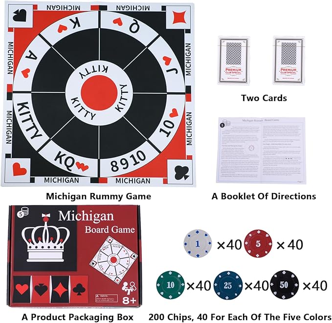 Michigan Rummy Board Game Set Tripoley Game Felt Mat Foldable Family Original Combination of Joker RummyHearts and Poker Includes 2 Decks of Cards and 200 Numbered Poker Chips