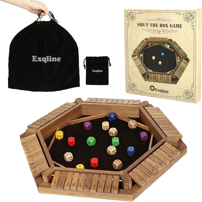 Exqline Shut The Box Game for 2-6 Players Wooden Board Table Math Game with 14 Dice 6 Way Classic Puzzle Board Games for Home Classroom or Pub
