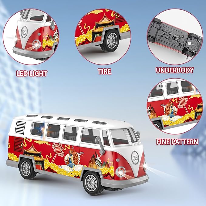 Remote Control Bus 2.4G Remote Control 1962 Volkswagen Classic Bus with Decals Retro Truck Model with Lights Sound Electric Vehicle Playsets Cars for Kids Toy