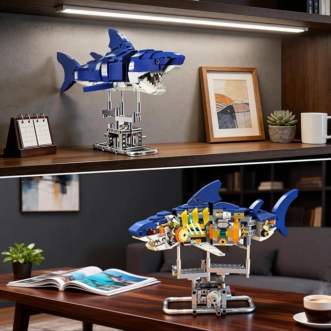 Mechanical Shark Building Set with LED Light 687 PCS Movable Ocean Animal with Display Stand Sea Fish Building Block Toy Home Decor Gift for Adults Teens Kids Boys Ages 12+
