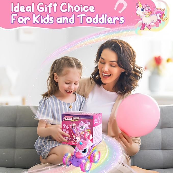 Remote Control Car Unicorn for Girls 360° Rotating 4WD Stunt RC Cars with Cute Cool LED Lights 2.4GHz Toy Car USB Direct Charging RC Cars Birthday Gifts for Kids Girl Age 3-6 7-9 (LY-018)