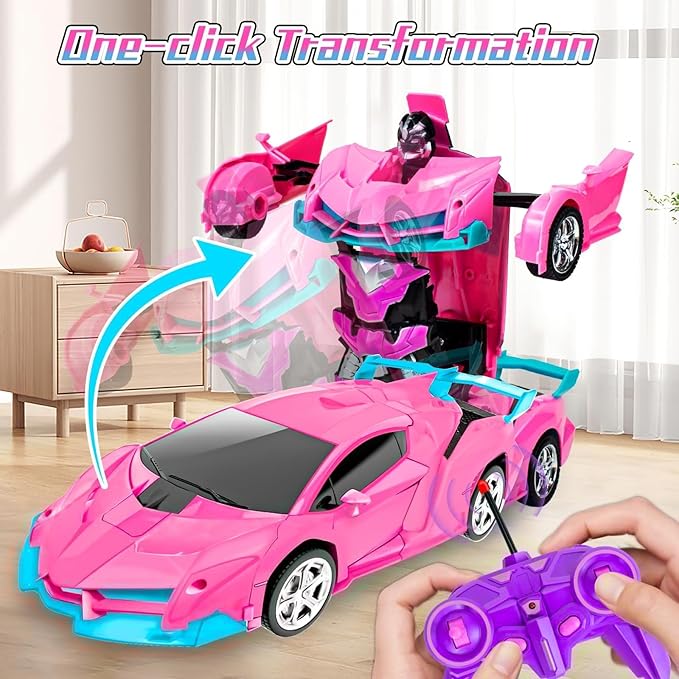 Pink Remote Control Car for Girls Age 3 4 5 6 7 8 Transformation Rc Cars Racing Car with One-Button Deformation &amp 360°Drifting Robot Toys for Birthday