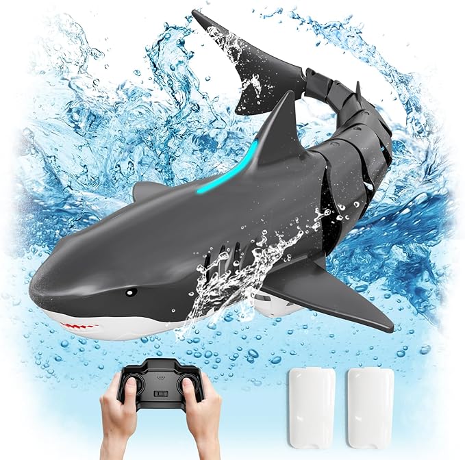Remote Control Shark Pool Toys for Kids Age 8-12 2.4GHz Waterproof RC Boat Toy Shark with Light for 60 Mins Play Gift for Boys Girls