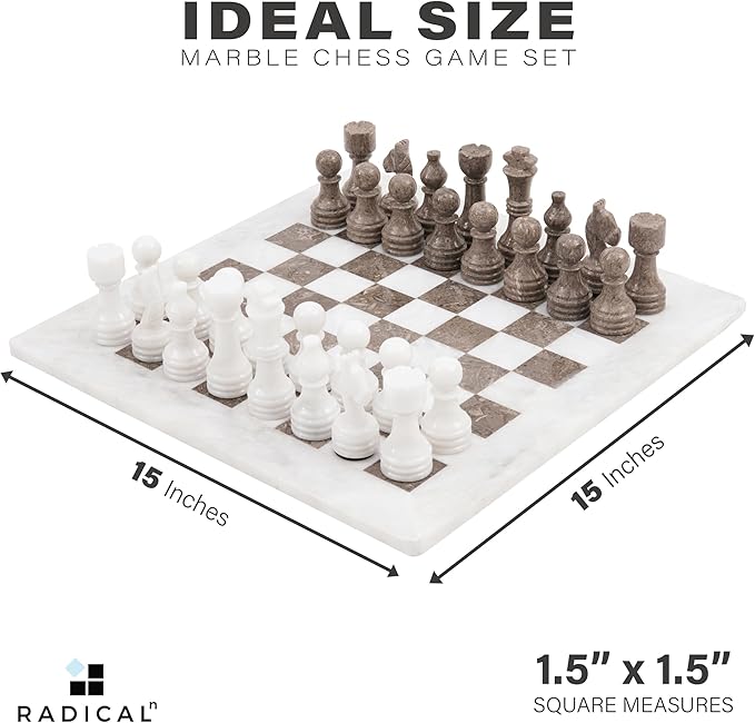 Radicaln Marble Chess Set 15 Inches Handmade White and Grey Oceanic Classic Board Games for Adults Luxury Marble Chess Board &amp Chess Pieces
