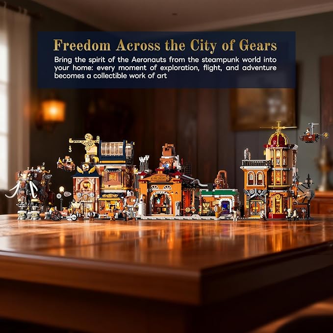 Steampunk Mechanical Workshop Lighting Building-Bricks Set 2006 Pcs The Sky-Lane Repair Shop Modular Building from Aeronauts Collection Display Set for Adults and Steampunk Lovers