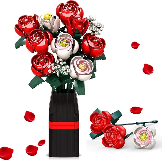 Flower Bouquet Building Set Artificial Roses Toy Building Set with Vase Building Blocks Flower Brick Toys for Home Office Decoratin Christmas Mother's Day or Valentine's Gifts 841 PCS