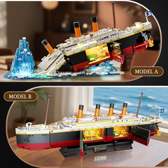 2 in 1 Titanic Building Set with Lights 1935 PCS Titanic Ship Mini Building Block Kit with Glacier Display Stand Home Decor Ship Model Birck Toy Gift for Adults Teens Boys Girls 12+