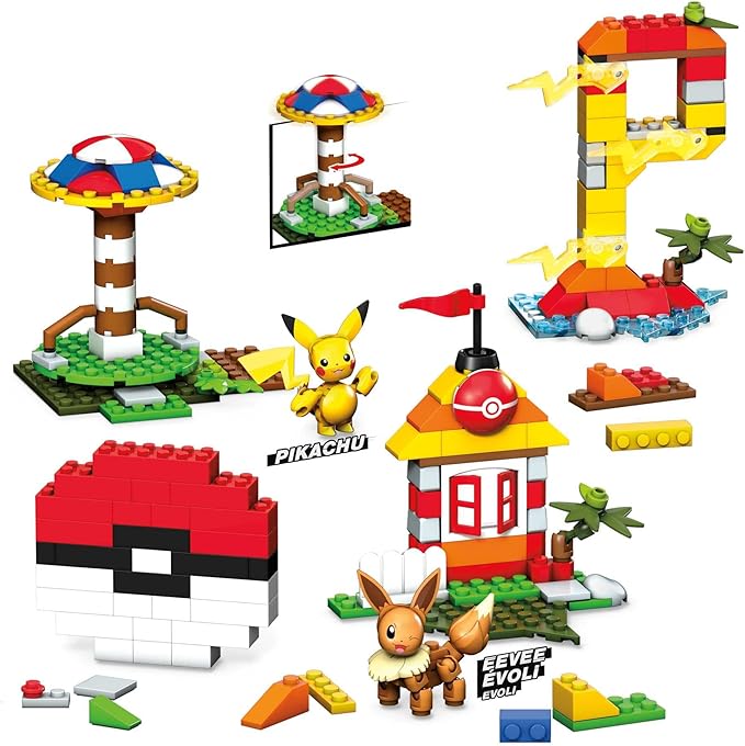 MEGA Pokémon Building Toys Set Building Box with 450 Pieces 2 Poseable Characters and Storage Box for Kids