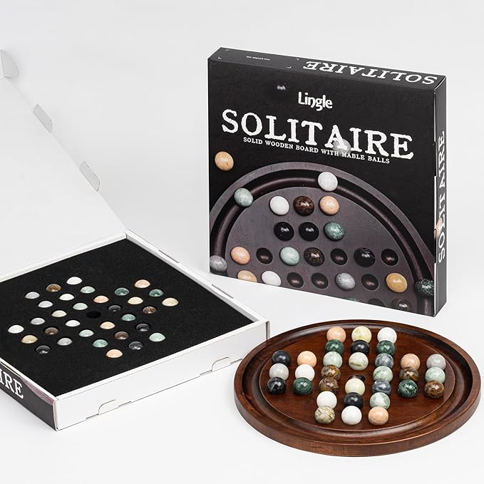 Deluxe Solitaire Game Set: 12.6'' Solid Wooden Board 32 Natural Marble Balls Single-Player Strategy and Smart Games