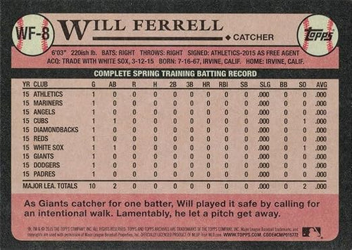 2015 Topps Archives Will Ferrell #WF-8 Will Ferrell Baseball Card - San Francisco Giants