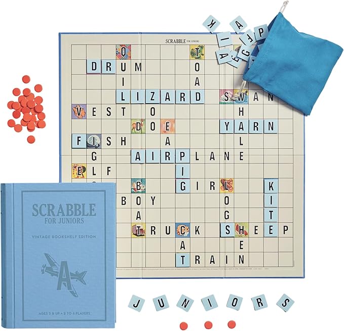 WS Game Company Scrabble for Juniors Vintage Bookshelf Edition: Linen Fabric-Wrapped Book Case — Educational Scrabble Jr. Board Game for Kids and Families (2-4 Players Ages 5+)