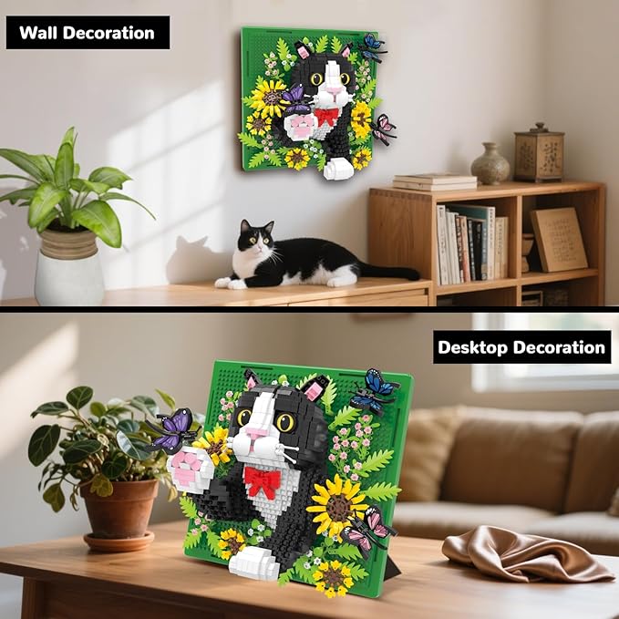 Flowers Tuxedo Cat Animal 3D Wall Art Micro Mini Building Blocks Set Unique Home Wall Decor or Table Display No Compatible with Lego Ideal Gift Toy for Adults &amp Boys Girls 14+ (1402 PCS)