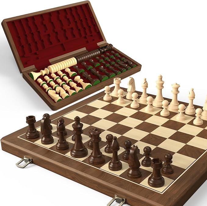 Premium Natural Walnut 15 Magnetic Wooden Folding Chess &amp Checkers Set- 2 in 1 Board Game with 3 King Staunton Pieces and 2 Extra Queens Checkers and Dust-Proof Storage Bag (Red)