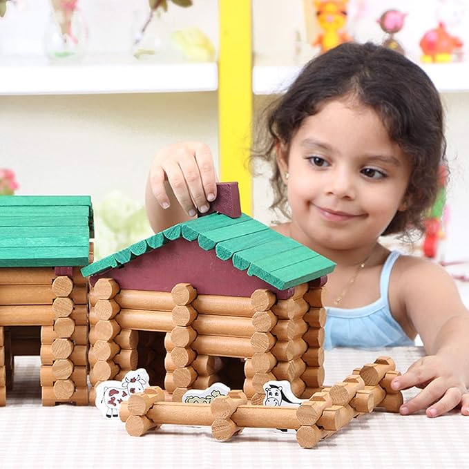 Wondertoys 170 Pieces Wood Logs Set Ages 3+ Classic Building Log Toys for Boy Creative Construction Engineering Educational Gifts