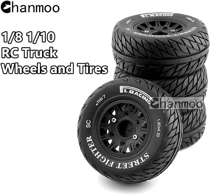 1/10 RC Short Course Truck Tires And Wheels With 12mm 14mm 17mm Hex 113mm 1/8 Rubber Tyres For 1/8 or 1/10 Scale On Road Car HSP Sonic 94102 GT PTG-2 Tamiya TT02 RC Racing Car 4PCS (Black B)
