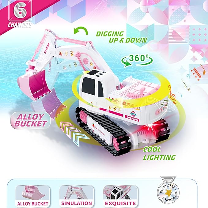 Pink RC Excavator 6 Channel 2.4Ghz RC Construction Vehicle1:24 Scale Pink Excavator Toy with 360° Rotation Light Sound and DIY Stickers Birthday Gift for Teens Adults (1 Battery)