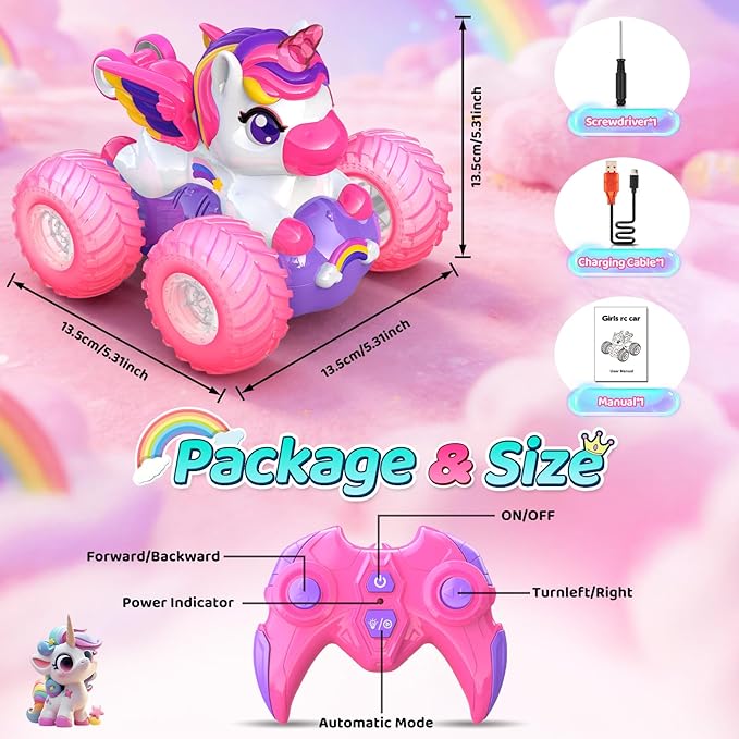 Unicorn Remote Control Car for Girls360° Rotating 4WD Stunt RC Cars with LightsPink Car Toys for KidsFun Indoor/Outdoor Toys Ideal Chritmas Birthday Gift for 3 4 5 6 7 8 Year Old Girl