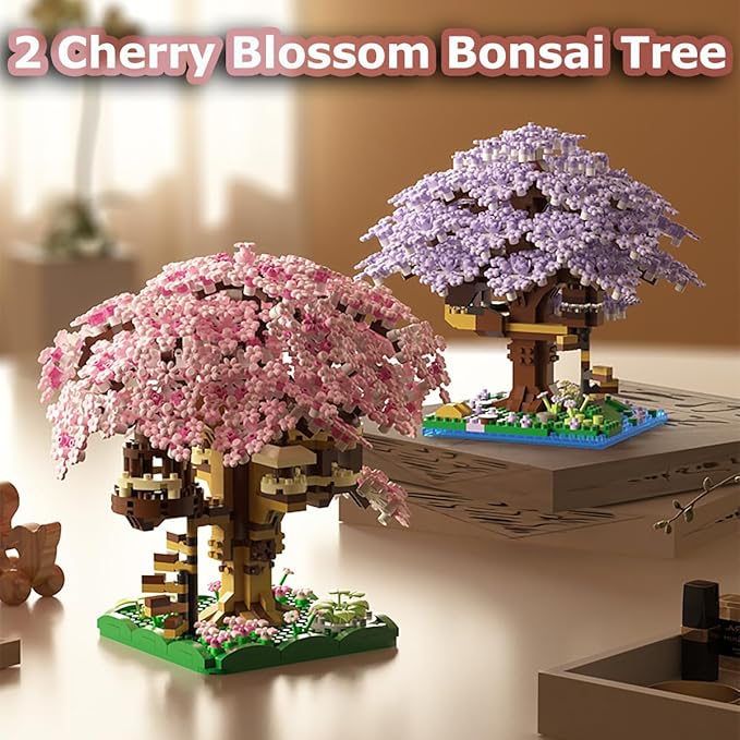 Beego 2 Bonsai Tree Cherry Blossom Building Toy Not Compatible with Lego Japanese Sakura Pink&ampPurple Flower House Building Micro Bricks Tree House Botanical Collection for Adults Teen (2201 PCS
