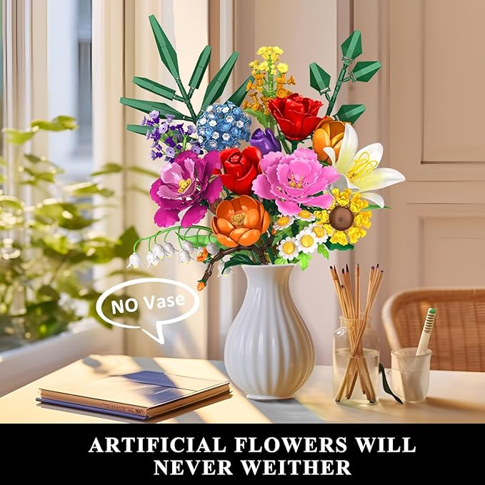 Flower Bouquet Building Set 1043 PCS Bouquet Botanicals Collection Easter Gift for Her Girlfriend Wife 15 Artificial Flowers Building Blocks Home Decor for Adults Kids Teens Women Birthday