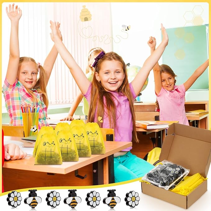 Sumind 36 Sets Bee Tic Tac Toe Game Bee Party Favors for Kid Mini Flowers Honeybee Drawstring Gift Bags for Boys Girls Back to School Birthday Baby Shower Classroom Party Supplies