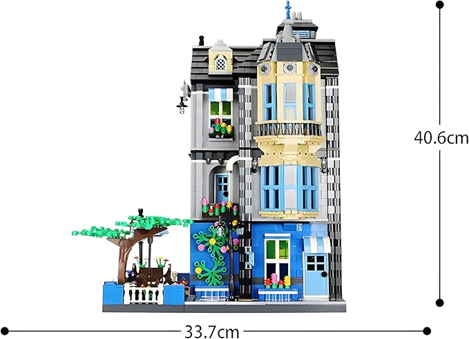 General Jim's 3-Story Victorian Townhouse &amp Garden Coffee Shop 2313-Piece Blue &amp Yellow Modular Building Blocks Set - MOC City Buildings - Great Gift for Brick Building Enthusiasts