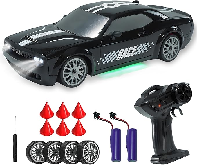 SANCO 1:20 RC Drift Car - 2.4G Drifting Car with Dual Tire System &amp LED Lights 20+KM/H 50-Minute Playtime Racing Toy Remote Control for Adults Boys Girls 2pcs Rechargeable Batteries （Black）