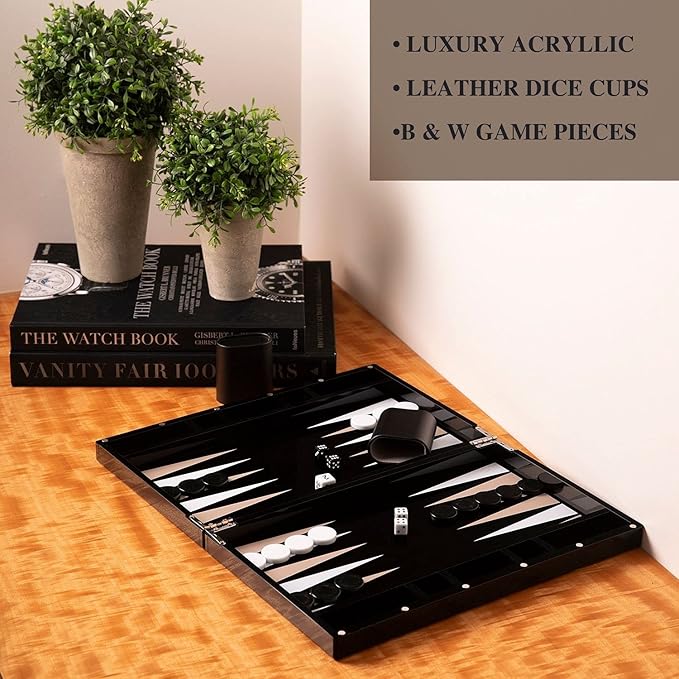 Bey-Berk Damien Acrylic Backgammon Set 14 Black Lucite Case with Magnetic Closure and Complete Playing Pieces Sleek Modern Game Display