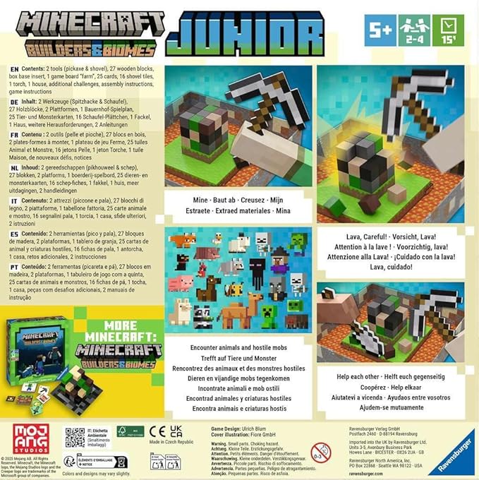 Ravensburger Minecraft Builders &amp Biomes Junior – Cooperative Kids Game | Fun Farm-Building Adventure with Creepers &amp Endermen | Develops Skills &amp Promotes Teamwork | Ages 5+