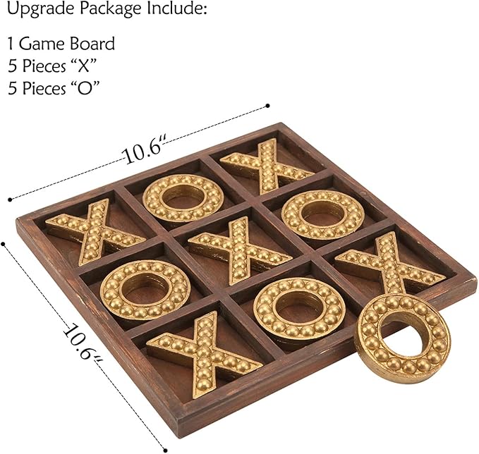 NIKKY HOME Tic Tac Toe Game Coffee Table Decor 10.6 Inch Rustic Wooden Board Gold