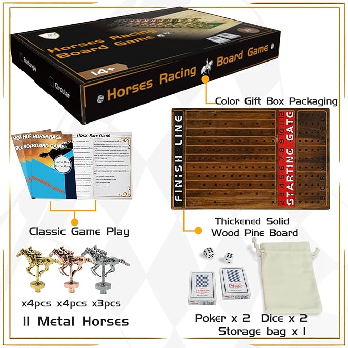 Horse Race Board Game Racing Game Thickened Solid Wood with 11 Luxurious Durable Classic Metal Horses with 2 Dice and 2 Boxes of Cards Horse Racing Game (Rustic Brown Rectangle)