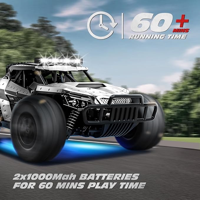 Tecnock RC Car 1/16 Scale Remote Control Car for Boys High Speed 20 Km/h All Terrains Rc Monster Truck with Two Rechargeable Batteries &amp Head Chassis Lights Gift Toy for Kids Adults Silver