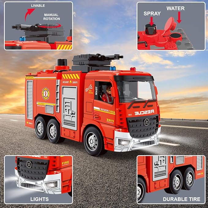 Remote Control Fire Truck RC Fire Truck Toy Set 2 Firetruck with Fire Extinguisher 2 Dolls 4 Traffic Cones Lights Sounds Extendable Rescue Ladder Firetruck Toy for Boys Kids