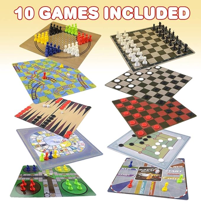 Gamie 10 Board Games Set Classic Family Games for Kids and Adults Includes 5 Double Sided Playing Boards with Backgammon Chinese Checkers Snakes and Ladders Sorry Draught Racing Chess and More