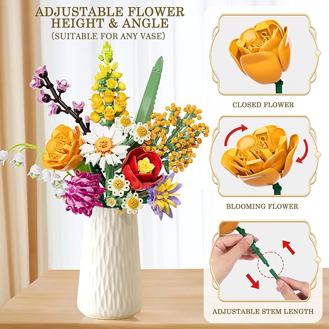 Flowers Bouquet Building Set 1070PCS Wildflower Botanical Collection Artificial Plant Flower Kit Toy for Adults Kids Women Her Home Decor Gift for Birthday Christmas Valentines(No Vase)