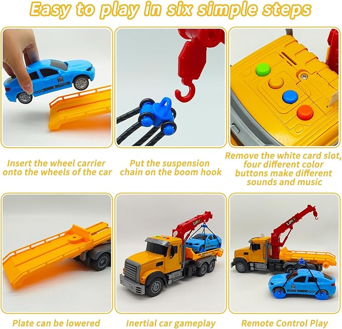 2.4GHz Remote Control Tow Truck for Kids – RC Log Truck with Racing Car 4 Channel RC Transport Crane Vehicle Toy with Lights &amp Sounds 28PCS Traffic Signs 2 Batteries – Birthday Gift for Boys Gi