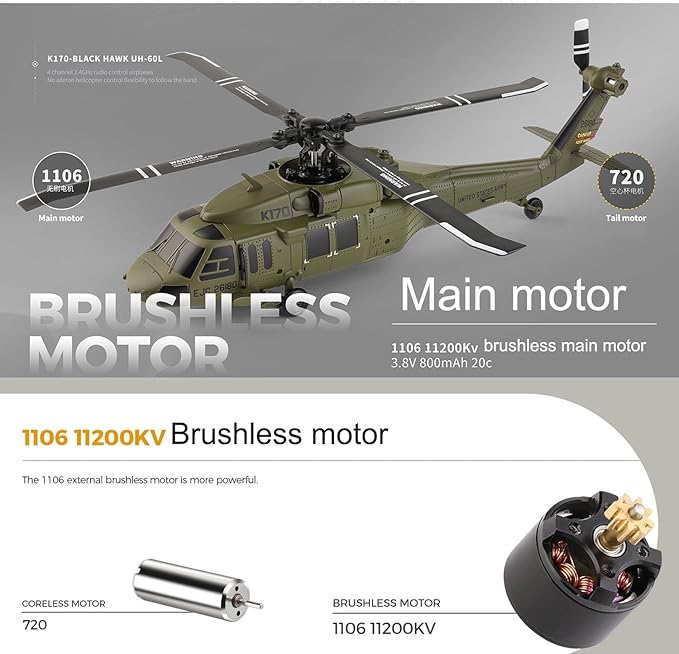K170 UH60L Remote Controlled Helicopter Aircraft Plane 2.4Ghz 4CH RC Helicopter Heli Aileronless 6-Axis Gyroscope Altitude Hovering 3-Batteries for Adults Beginners