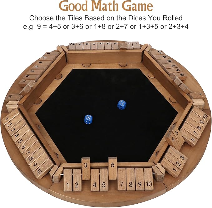 Shut The Box Game for 1-6 Players Plusvivo Large Round Wooden Board Dice Game with 14 Dice for Adults 6 Way Clever Math Game for Home Classroom or Pub