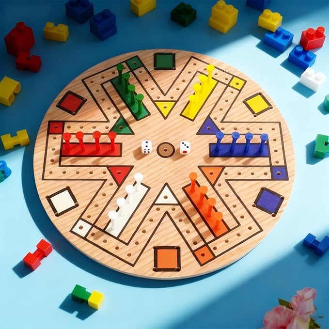 Wooden 3-6 Players Board Game Set with 48 Pieces and 4 Dice 13.7 Inch Painted Wooden Board Game for Adult Teen Family (6 Colors)