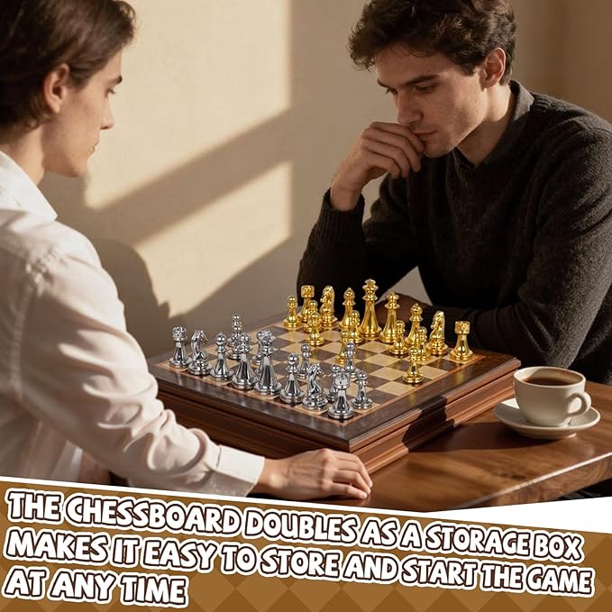 12-Inch Metal Chess Set with Wooden Board for Kids and Adults Gold &amp Silver Chess Pieces with Extra Queens Portable Small Chess Board for Travel Family Game Night Beginners &amp Professional