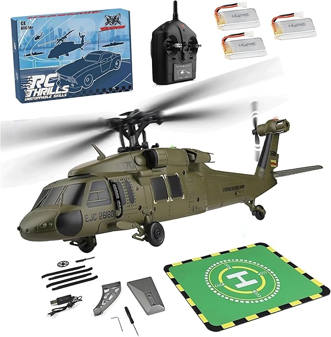 FunXylophy WL K170 RC Helicopter 2.4G 4CH Flybarless 6-Axis Gyroscope Altitude Hovering RC Military Helicopter with Display Stand and Apron Takeoff Landing Pads (RTF Version)