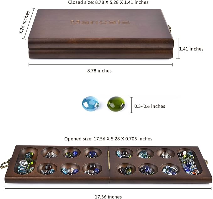 AMEROUS Wooden Mancala Board Game Set with 72+8 Bonus Multi Color Glass Stones - Folding Board - Mancala Instructions Classic Family Board Game for Kids Adults Tabletop Version