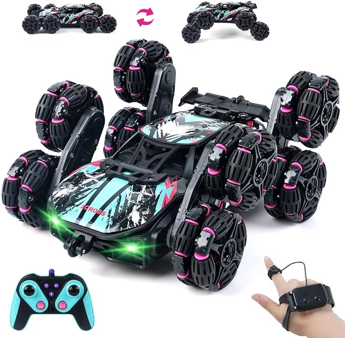 MagicKidz 8 Wheels Gesture Sensing Car for Kids Ages 5 6 7 8 9 10 11 12 - Birthday Gifts for Boys 5-7 8-12 Years Old 2.4GHz Off-Road Remote Control Stunt Toy with Spray &amp LED Lights 360-Degree F